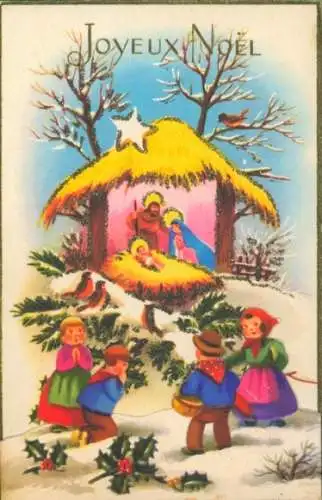 Glitzer Ak Glückwunsch Weihnachten, Kinder, Stechpalme, Heilige Familie