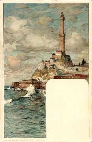 Künstler Litho Wielandt, Manuel, Genova Genua Ligurien, Küstenpartie, Leuchtturm