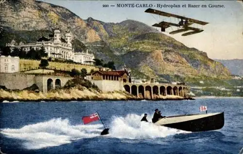 Ak Monte-Carlo Monaco, Wasserflugzeug und Rennfahrer im Rennen