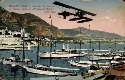 Ak Monte Carlo Monaco, Blick auf den Hafen, das Casino, Teil am Hafen, Blick auf Flugzeug und Yacht