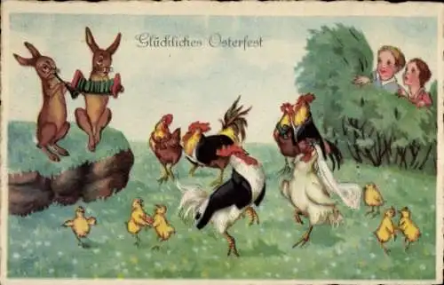 Ak Glückwunsch Ostern, Tanzende Hühner, Hähne, Küken, musizierende Osterhasen, Kinder