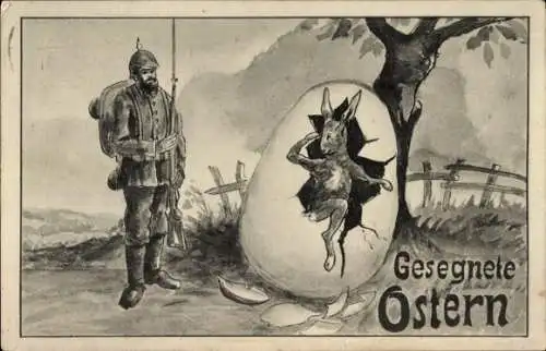 Ak Glückwunsch Ostern, Soldat, Osterhase schlüpft aus, Osterei