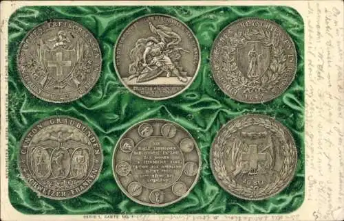 Litho Schweiz, Münzen, Freischießen in Chur und Glarus, Kreuz, Ritter
