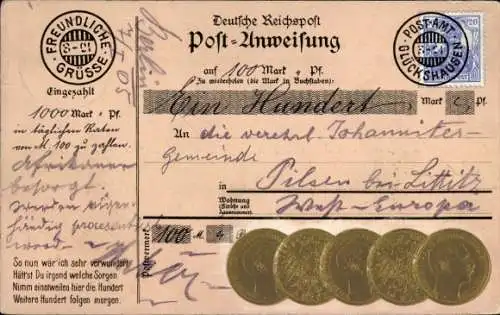 Präge Ak Deutsche Reichspost, Post-Anweisung, Münzen
