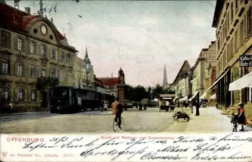 Ak Offenburg in Baden Schwarzwald, Markt, Rathaus, Drakendenkmal