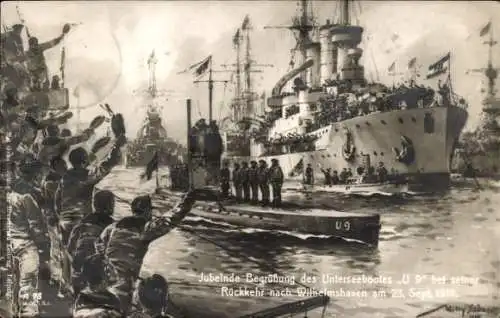 Künstler Ak Stöwer, Willy, Deutsches U Boot, Unterseeboot, SM U 9, Begrüßung in Wilhelmshaven 1914