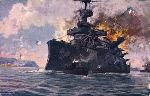 Künstler Ak Schulze, Hans Rudolf, Französisches Kriegsschiff, Panzerschiff Bouvet, Dardanellen