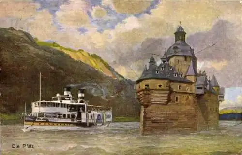 Künstler Ak Kaub am Rhein, Burg Pfalzgrafenstein, Pfalz, Rheindampfer