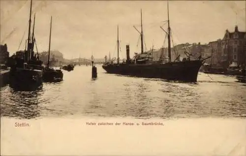 Ak Szczecin Stettin Pommern, Hafen zwischen der Hansa- und Baumbrücke