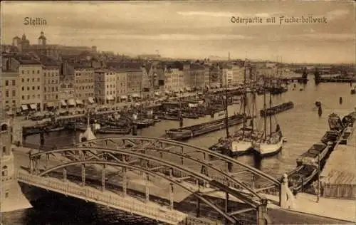 Ak Szczecin Stettin Pommern, Oderpartie mit Fischerbollwerk