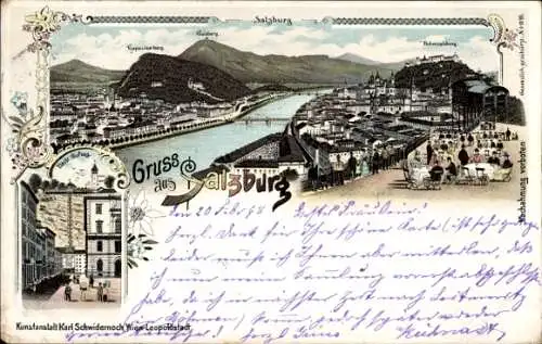 Litho Salzburg in Österreich, Totalansicht vom Ort, Elektrischer Aufzug