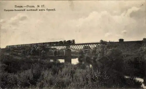 Ak Pensa Russland, Eisenbahnbrücke, Eisenbahn
