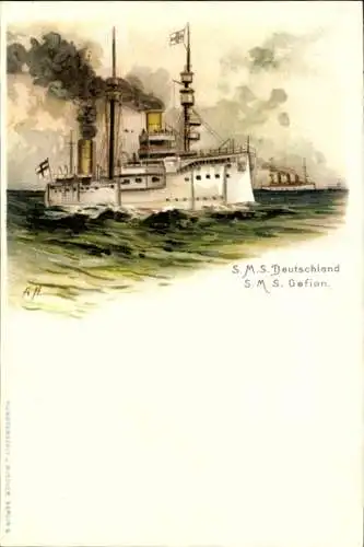 Künstler Litho Deutsche Kriegsschiffe, SMS Deutschland, SMS Gefion, Kaiserliche Marine