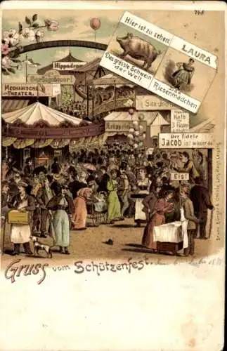 Litho Gruß vom Schützenfest, Attraktionen, Laura das Riesenmädchen, Jahrmarkt, Karussell, Schwein