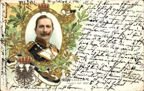 Präge Wappen Litho Kaiser Wilhelm II., Portrait