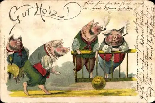 Litho Gut Holz, vermenschlichte Schweine beim Kegeln, Pfeife, BB&OL
