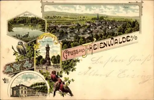 Litho Bad Freienwalde an der Oder, Panorama, Kriegerdenkmal, Kurhaus, Baa-See