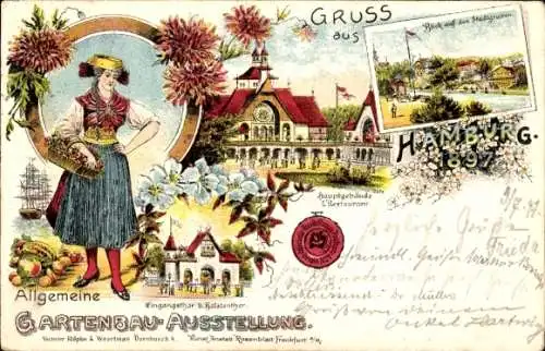 Litho Hamburg, Gartenbauausstellung 1897, Frau in Tracht, Stadtgraben, Hauptgebäude