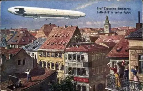 Künstler Ak Zeppelin über einer Stadt, Zuschauer auf den Hausdächern, Luftschiff
