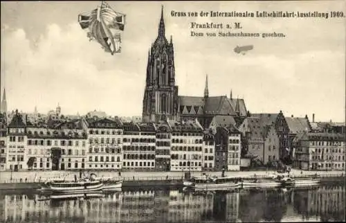 Ak Frankfurt am Main, Int. Luftschifffahrt Ausstellung 1909, Zeppelin, Dom von Sachsenhausen aus