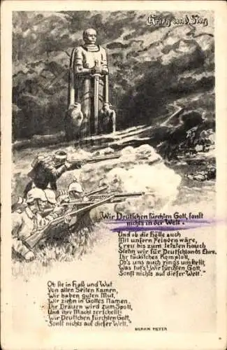 Ak Deutsche Soldaten auf dem Schlachtfeld, Wir Deutschen fürchten Gott, sonst nichts in der Welt