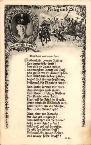 Ak Kronprinz Wilhelm, Gedicht, Deutsche Soldaten, Krieg und Sieg, Frischauf, ihr grauen Reiter...