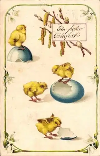 Präge Ak Glückwunsch Ostern, Küken, Ostereier, Weidenkätzchen
