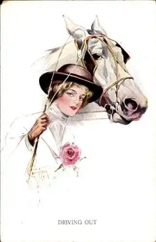 Künstler Ak Barber, Court, Pferd, Dame mit Peitsche