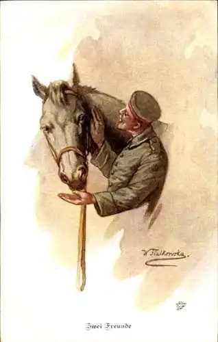 Künstler Ak Fialkowska, W., Zwei Freunde, Soldat und Pferd