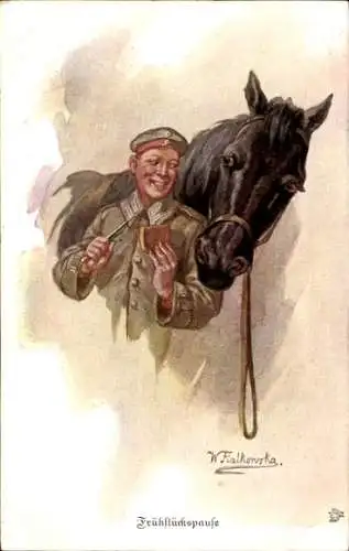 Künstler Ak Fialkowska, W., Frühstückspause, Soldat mit Pferd