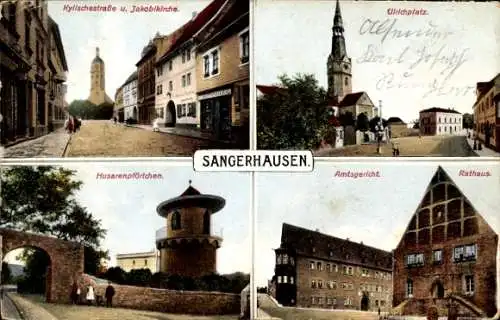 Ak Sangerhausen am Südharz, Ulrichplatz, Husarenpförtchen, Amtsgericht, Rathaus, Jakobikirche