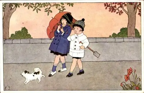 Künstler Ak Jugend von heute, Kinder mit Hund, Regenschirm, Schaufel, Mauer