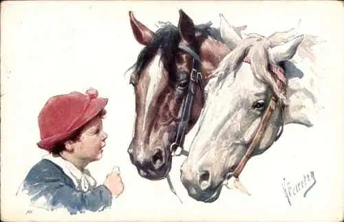 Künstler Ak Feiertag, Karl, Kind und zwei Pferde
