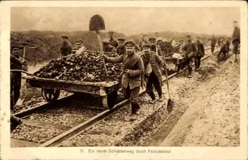 Ak Kriegsschauplatz, Neuer Schienenweg durch Feindesland, I. WK
