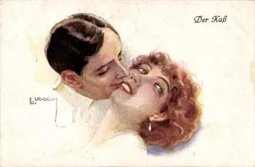 Künstler Ak Usabal, L., Kuss, Liebespaar, Portrait