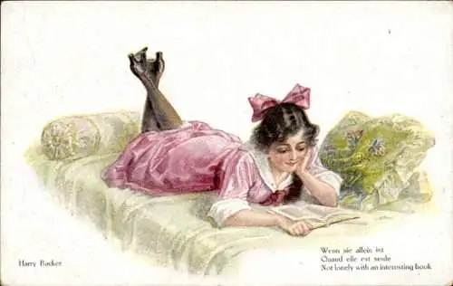 Künstler Ak Backer, Harry, Wenn sie allein ist, junge Frau in rosa Kleid auf Sofa liegend