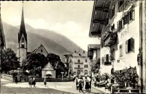 Ak Mayrhofen im Zillertal Tirol, Straßenpartie, Kirche, Gasthof