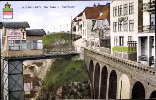 Ak Helgoland, Fahrstuhl, Reklame für das Aquarium, Belvedere, Wappen