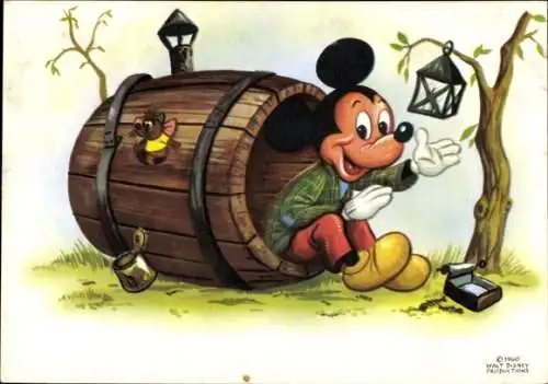 Künstler Ak Walt Disney, Micky Maus, Fass, Landstreicher