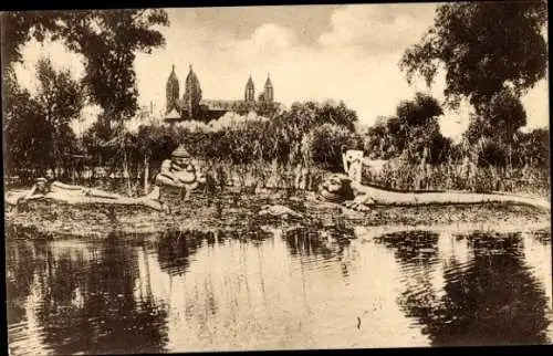 Ak Speyer am Rhein, Tonskulpturen von Egon Treder am Strandbad