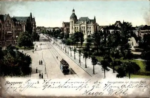 Ak Hannover in Niedersachsen, Georgstraße mit Hannov. Bank, Park, Denkmal