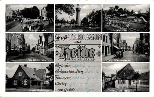 Ak Heide in Holstein, Bahnhofstraße, Wasserturm, Badeanstalt, Friedrichstraße, Claus Groth Haus