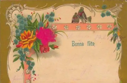 Präge Stoff Litho Glückwunsch, Vögel, Blumen, Vergissmeinnicht