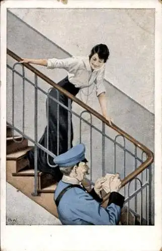 Künstler Ak Wennerberg, Bruno, Der Feldpostbrief, Frau, Postbote