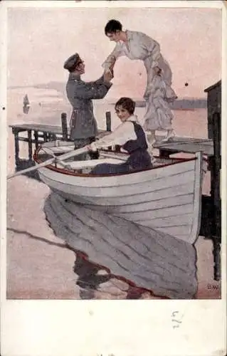 Künstler Ak Wennerberg, Bruno, Heimaturlaub, Soldat, Frauen, Ruderboot