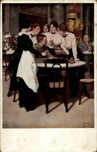 Künstler Ak Wennerberg, Bruno, Stammgast, Soldat am Tisch, Kellnerinnen