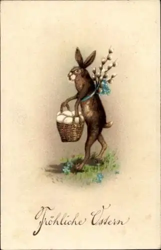 Ak Glückwunsch Ostern, Hase, Eier, Korb, Weidenkätzchen