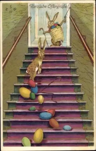 Ak Glückwunsch Ostern, Hasen, Ostereier auf den Treppen