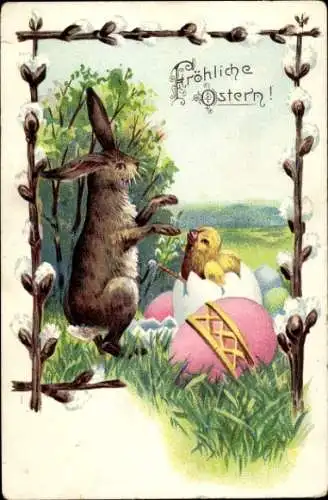 Passepartout Litho Glückwunsch Ostern, Osterhase, Osterei, Küken ist geschlüpft, Weidenkätzchen