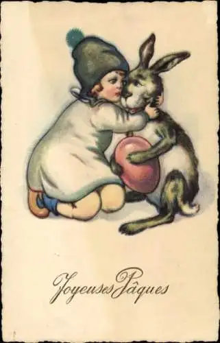 Ak Glückwunsch Ostern, Mädchen, Osterhase, Osterei